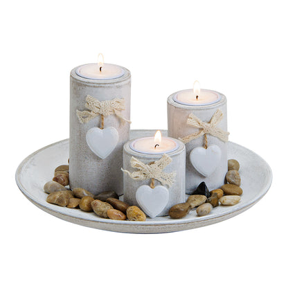 Ensemble de 3 porte-bougies chauffe-plat en bois blanc – Décoration cœur et pierres naturelles – 24 × 12 × 24 cm