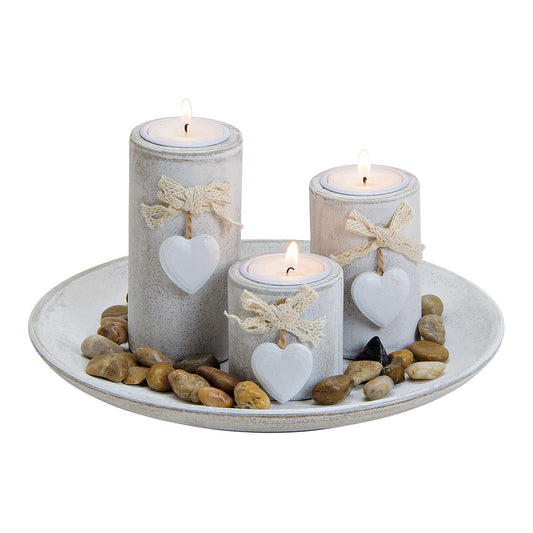 Ensemble de 3 porte-bougies chauffe-plat en bois blanc – Décoration cœur et pierres naturelles – 24 × 12 × 24 cm
