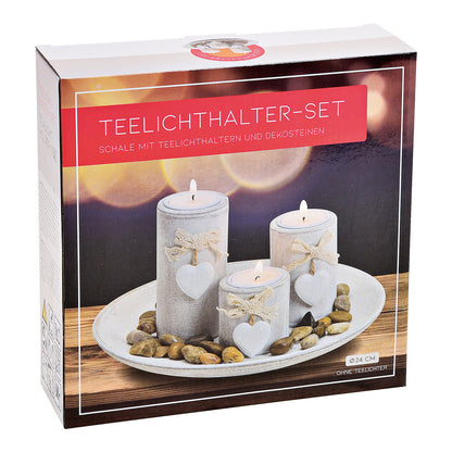 Ensemble de 3 porte-bougies chauffe-plat en bois blanc – Décoration cœur et pierres naturelles – 24 × 12 × 24 cm