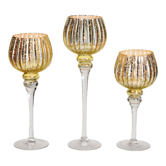 Ensemble de 3 photophores en verre doré – 30, 35 et 40 cm – Forme calice côtelé