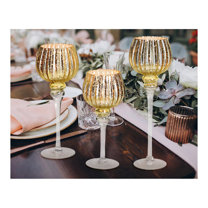 Ensemble de 3 photophores en verre doré – 30, 35 et 40 cm – Forme calice côtelé