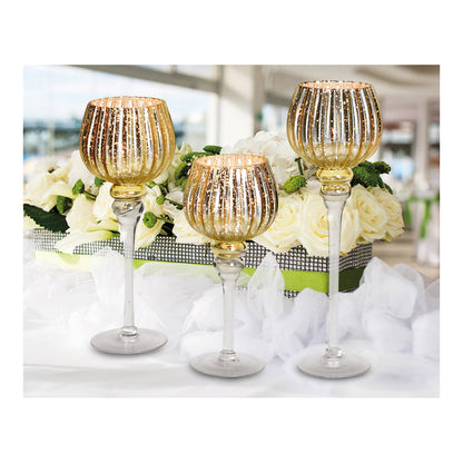 Ensemble de 3 photophores en verre doré – 30, 35 et 40 cm – Forme calice côtelé