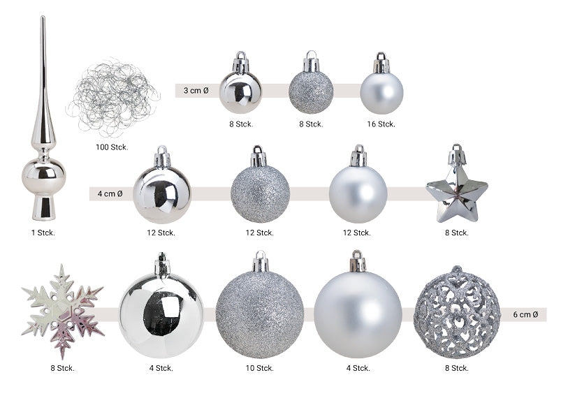 Boules de Noël argentées – Lot de 111 pièces – Ø 3/4/6 cm