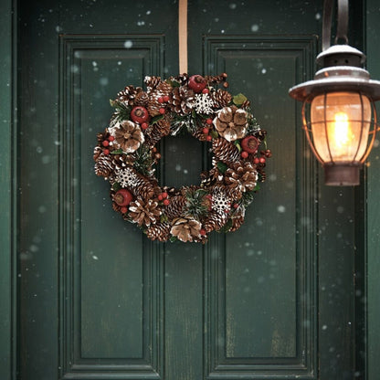 Couronne de Noël traditionnelle en bois et plastique – Rouge, vert & marron – Ø 34 cm