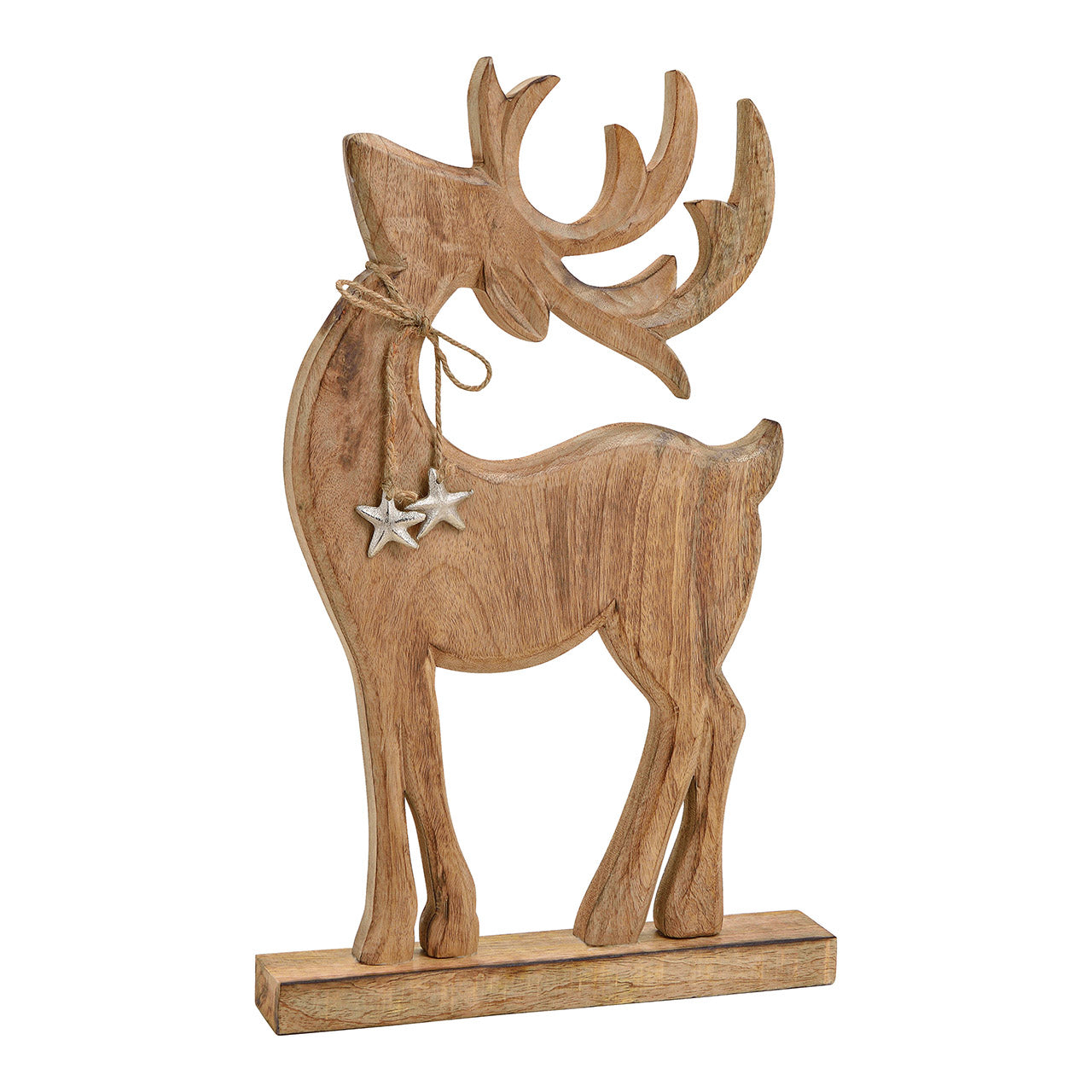 Cerf décoratif en bois de manguier avec étoile métal – Marron – 31×49×6 cm