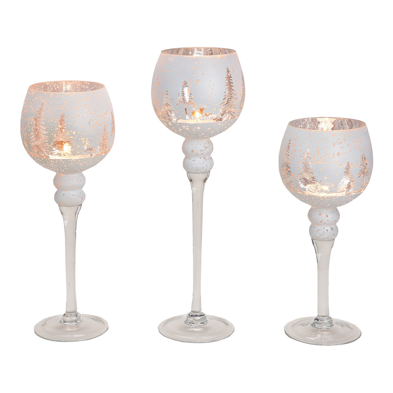 Ensemble de 3 photophores en verre motif forêt d’hiver – Blanc – 30/35/40 cm – Forme calice
