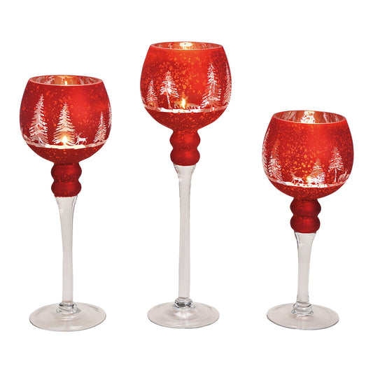 Ensemble de 3 photophores rouges en verre – 30, 35, 40 cm – Décor forêt d’hiver