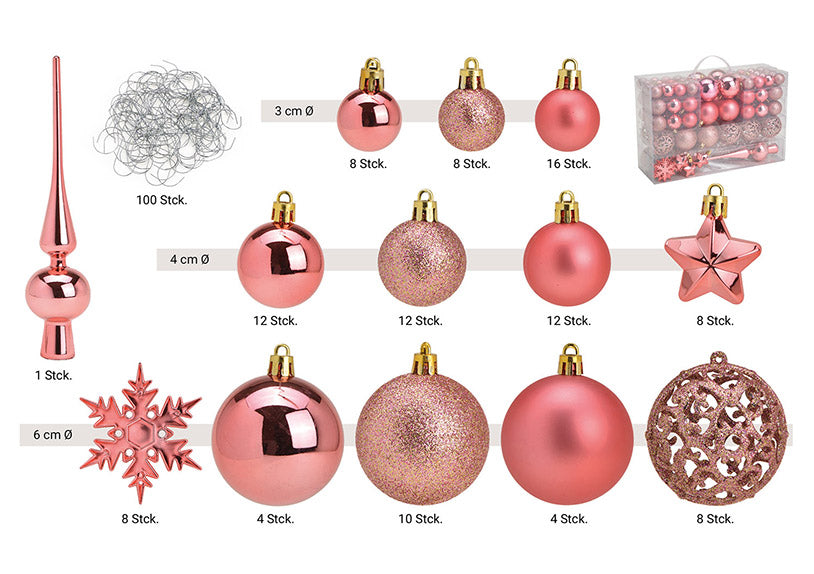 Boules de Noël rose - lot de 111- Ø 3/4/6 cm