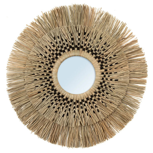 Miroir mural rond Havana en herbe et coquillages – Noir Naturel – Taille L