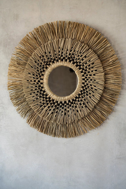 Miroir mural rond Havana en herbe et coquillages – Noir Naturel – Taille L