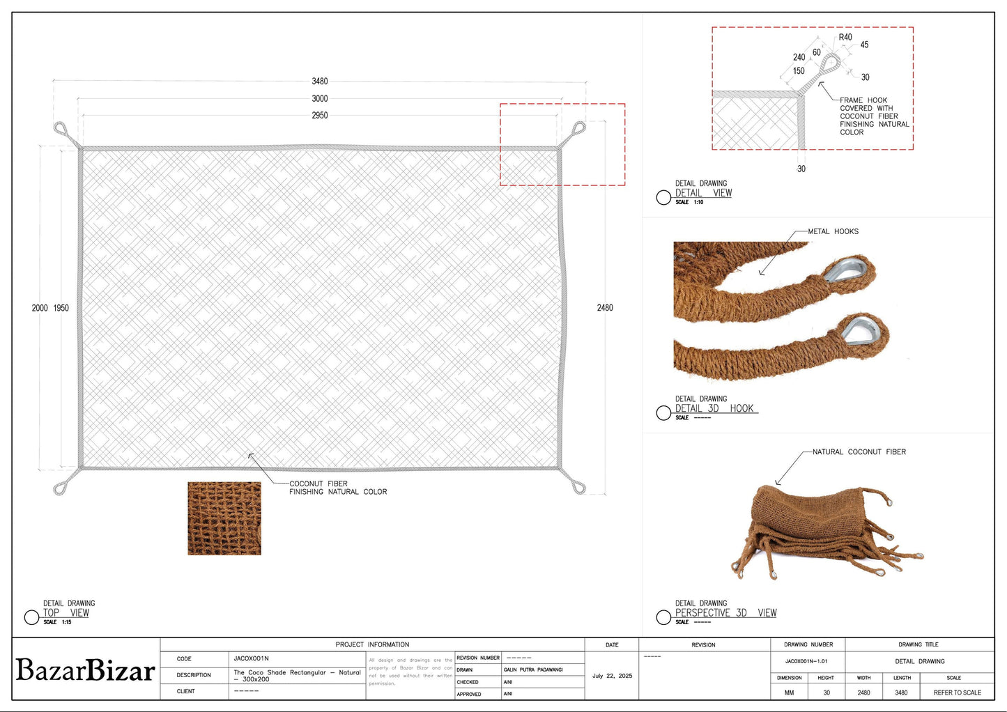 Voile d'ombrage le Coco Shade Rectangulaire - Naturel - 300x200