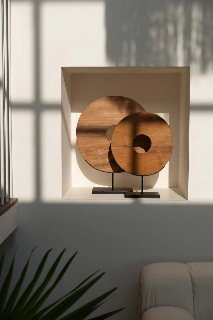 Statue Le Disque En Teak Sur Pied - L